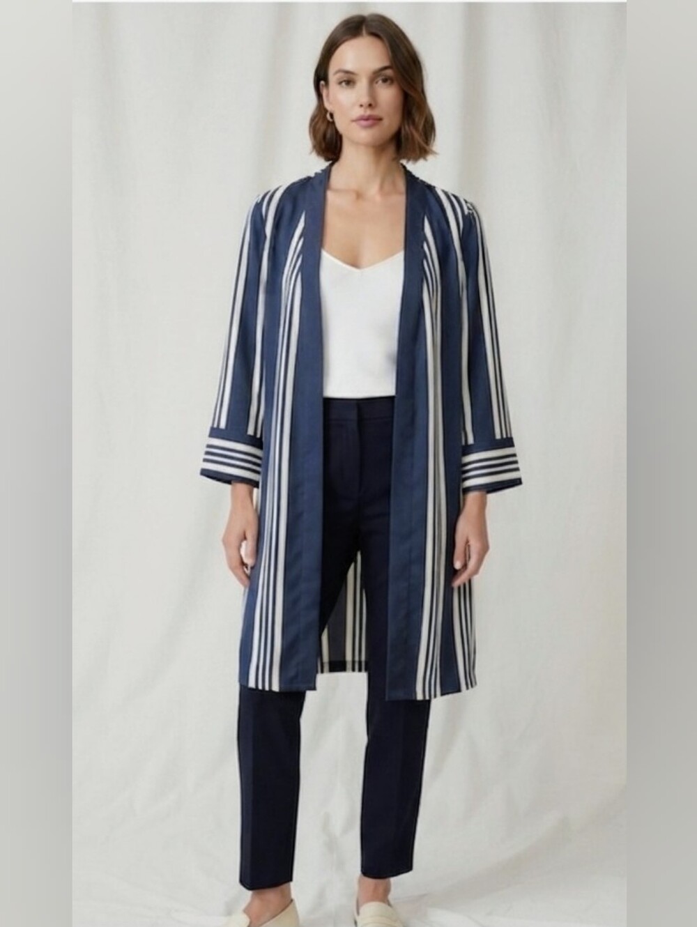 Cleo Navy Blue & Cream Striped Duster Cardigan Kimono Small S NWOT